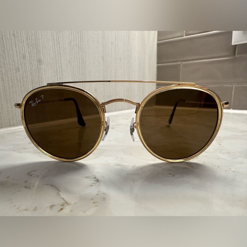Ray-Ban Gold and Brown Round Double Bridge Polarized Sunglasses - Picture 2 of 11